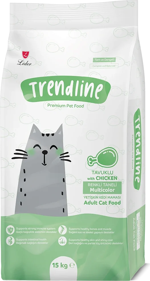 Renkli Taneli Tavuklu Yetişkin Kedi Maması ambalajı, yan