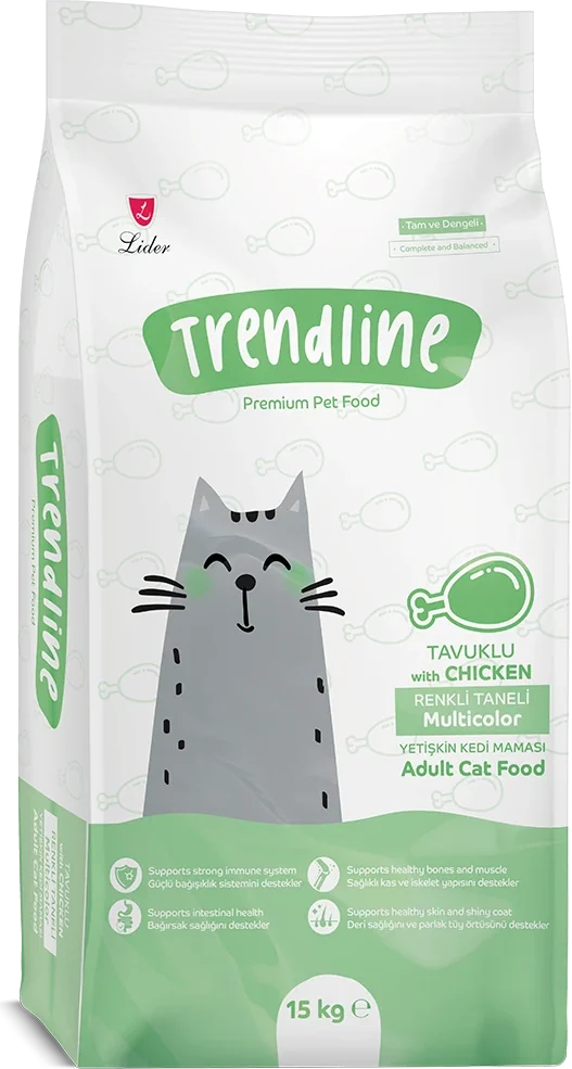 Renkli Taneli Tavuklu Yetişkin Kedi Maması ambalajı, ön